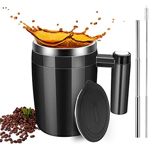 Vermida Self Stirring Coffee Mug, 13oz Automatic Stainless Steel Mixing Cup with 2Pc Stir Bars for Milk/Coffee, Double Wall Insulation Coffee Mug for Outdoor,Home, Black Cover