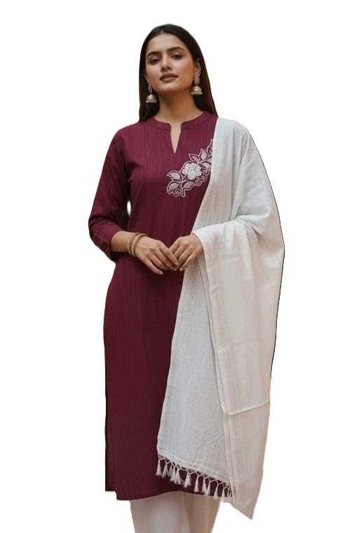 Image of Women Three Piece Kurta Set with Dupatta and Pant Modern Ethnic Design for Office and Traditional Occasions
