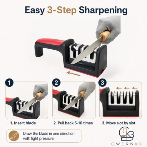 Image of GwernKB 4-in-1 Manual Knife Sharpener Tool for Kitchen, Kitchen Knife Sharpener for Home with Tungsten Steel & Ceramic Slots, Scissor Slot, Non-Slip Base & Ergonomic Handle