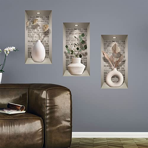 3D-Aufkleber, selbstklebend, 3D-Effekt, Vasen und Pflanzen, Design – Wandaufkleber für Schlafzimmer Erwachsene 3D – Dekoration Wohnzimmer – Wandaufkleber Schlafzimmer, 60 x 90 cm