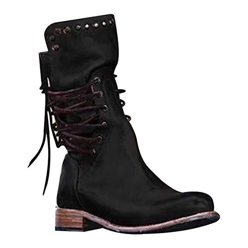 Cutogain Bottes mi-Mollet pour Femmes Bottes de Moto rétro Party de Bureau Casual Chaussures à Talons Bas en PU