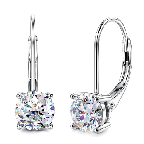 Moissanite Earrings : 18K White Gold Plated Soild Sterling Silver Dangle Earrings Hypoallergenic Leverback Drop Earrings for Women Men Round Cut D Color