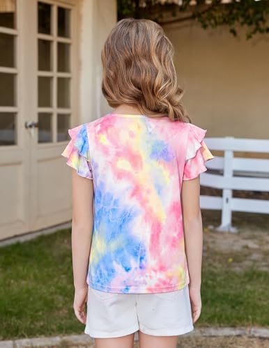 Image of Arshiner Girls T Shirts Ruffle Short Sleeve Summer Pleated Crewneck Casual Tops Tees Blouses
