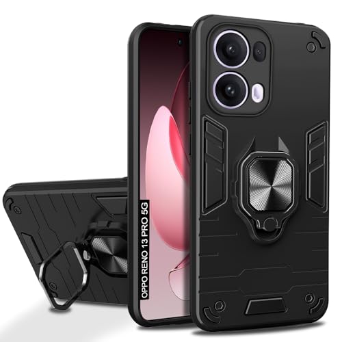 Image of AESTMO Oppo Reno 13 Pro 5G Back Case Cover | Tough Armor Bumper | Ring Holder & Kickstand in-Built | 360 Degree Protection Cover for Oppo Reno 13 Pro 5G (Black)