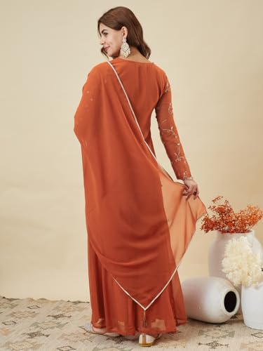 Image of MOKOSH Women's Georgette Short Kurti Palazzo with Dupatta | Short Kurti Set |Ethnic Kurta Set for Women | Sweetheart Neck Full Sleeve | Indian Kurta Outfit With Palazzo Pants