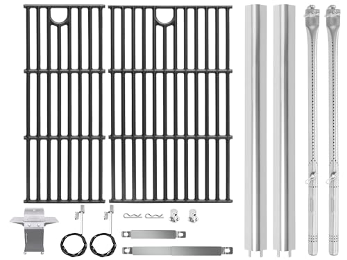 Image of BBQ-PLUS Grill Replacement for Charbroil Performance 2-Burner 463630021 463654022 463655621 463660421, 17 inch Cast Iron Cooking Grates, Stainless Steel Heat Plates, Burner Tubes & Igniters Parts Kit