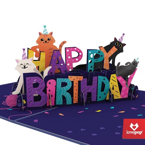 Lovepop Birthday Pop-Up Card for Her, Him, Men, Women - 3D Animal Greeting Cards - Purrfect Birthday - 5' x 7' - Blank Notecard & Envelope Included