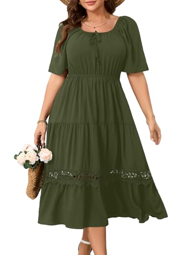 Image of RWJ Women's Plus Size Maxi Dress Short Sleeve Square Neck Flowy A-Line Lace Trim Flutter Party Casual Off Shoulder Dresses
