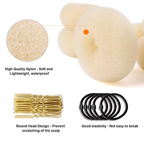 Foto von Donut Hair Bun Maker Set 7 Stück - Frisurenhilfe Set mit 5 elastischen Haarband, 20 U-Form Haarspange Haarnadel, Haarknoten Former Set für Kinder Mädchen Frauen (Beige)