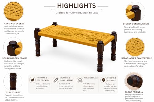 Image of Handwoven Wooden Bench | Traditional Rope Charpai Stool | Solid Wood Frame Seating for Living Room, Balcony & Outdoor | Durable & Stylish Design (Yellow)