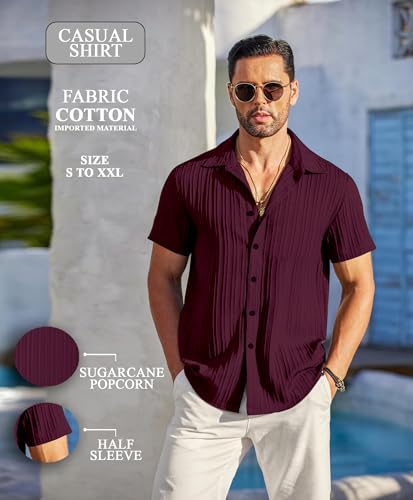 NexaFlair Men's Casual Stylish Button Down Spread Collar Popcorn Casual Shirts Short Sleeve Linen Shirt Fashion Textured Beach Summer Shirt