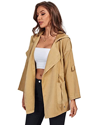 Umenlele Women’s Lapel Long Sleeve Drawstring Hooded Jackets Open Front Tie Waist Trench Coats With Pockets Khaki Small #TOP3