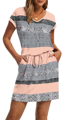 Image of OFEEFAN Summer Dresses for Women 2026 V Neck T Shirt Casual Mini Dresses Tie Waist Sundresses with Pockets