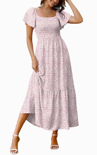 Image of OFEEFAN Summer Dresses for Women Square Neck Ruffle Sleeve Smocked Maxi Dress with Pockets
