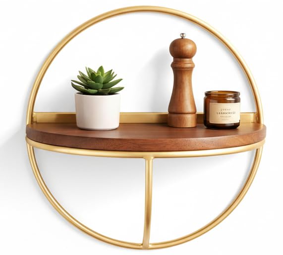 Modern Round Wall Shelf 41cm Metal Frame Wall Mounted Shelf with Wooden Platform | Decorative Circular Wall Rack for Living Room, Bedroom, Kitchen, Bathroom | Floating Wall Shelf (Brown Gold, 1)-image-45