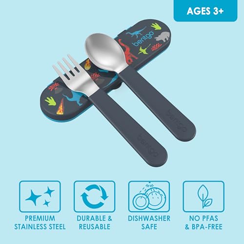 Image of Bentgo Kids Stainless Steel Utensil Set - Reusable Fork, Spoon & Storage Case, PFAS- & BPA-Free, Easy-Grip Handles, Lightweight, Dishwasher Safe, School Lunch, Travel & Outdoors (Dinosaur)