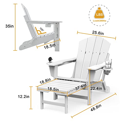 Mdeam Folding Adirondack Chair Fire Pit Chair Adirondack Chair Weather Resistant With 2 Cup Holder/Adirondack Retractable Ottoman For Garden Backyard Lawn Outdoor（White） #TOP2