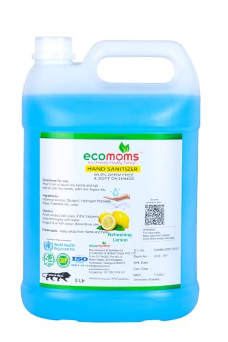 Image of Ecomoms Hand Sanitizer 5 litre - 99.99% Effective Against Germs - Alcohol | Skin Friendly and Safe for Kids | Instant Germ-Free Protection (5 litre, Pack of 1)