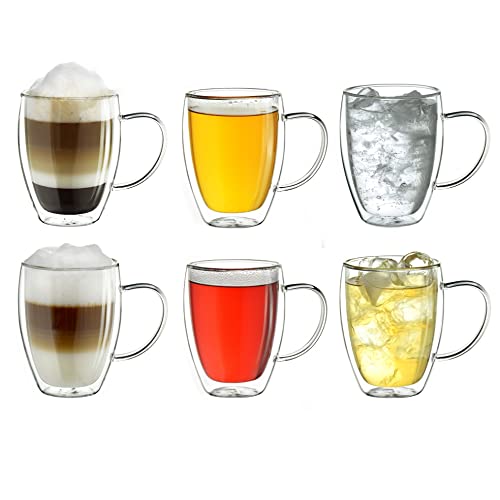 Creano Tazza Thermos a Doppia Parete in Vetro Borosilicato con Manico -62x 250ml DG-SH - Set 6 Pezzi per Cappuccino Caffè Tè Latte Bicchieri Isolanti Trasparenti Design Elegante Regalo Perfetto