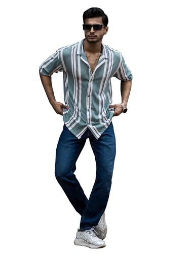 Image of Maniac Mens Striped Collar Neck Half Sleeve Jacquard Oversized Shirt