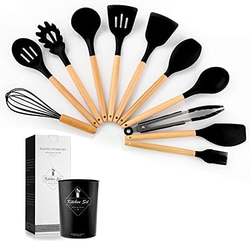 Cookware Silicone Cooking Set 12 Piece Cookware Set Nonstick Heat Resistant BPA Free Silicone Wooden Handle Cooking Tools Kitchen Tools,Nero,Enchanting12 Cookware Silicone Cooking Set 12 Piece Cookware Set Nonstick Heat Resistant BPA Free Silicone Wooden Handle Cooking Tools Kitchen Tools,Nero,Enchanting12