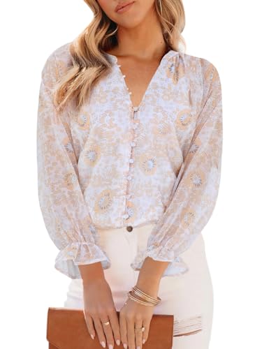 Aoudery Womens Casual Boho Floral Print V Neck Long Sleeve