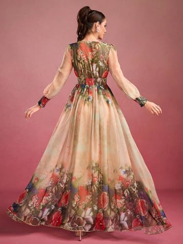 Image of TOLEEN Summer Casual Dresses for Women 2024 Spring Fashion Boho V Neck Long Sleeve Ruffle Floral Print Elegant Maxi Dress