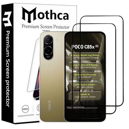 Image of Mothca Gorilla Tempered Glass Screen Protector for Poco C85x | Black | Pack of 2 | Edge-to-Edge Coverage | Scratch Resistant | Easy Installation Kit
