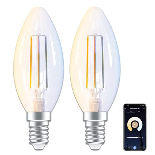 ANTELA Lampadine Alexa Inteligente Filamento E14 C35, 4,5W 470LM Dimmerabile 2700K-6500K Bianco Freddo/Caldo, Compatibile con Alexa/Google Home, Controllo Vocale, Controllo APP, 2.4GHz WiFi, 2Pezzi