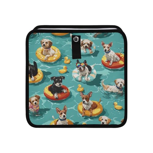 Image of Car Trash Can Organizer Bin with Adjustable Strap for Back Front Seat Console Waterproof Leakproof Collapsible Portable 8.66 Inch Teal Swimming Pool Dogs and Ducks
