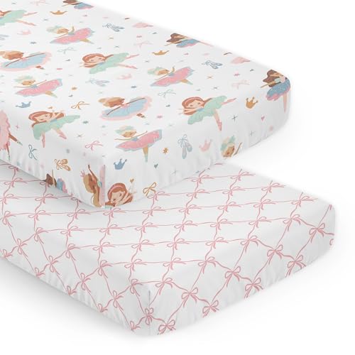Image of Sweet Jojo Designs 2-Piece Baby Crib Sheets Set (Ballerina and Bows) for Girls, Infant Nursery, Toddler Room - Fitted, Standard Size (Pink Bow, Ballet Shoes, Dancer, Hearts, Stars, Princess, Tutu)