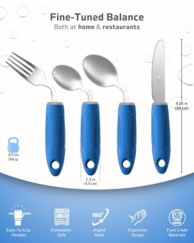 BaseSmall 4-Piece Adaptive Utensils Set - 42°Angled Parkinsons Utensils, Weighted Utensils for Tremors and Parkinsons Patients, Blue (Right-Handed) - Image 7