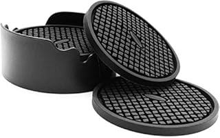 IYYI Silicone Drink Coasters Set of 6 in Holder, Cup Coaster for Drinks Deep Grooved Absorbent Coaster Protect Furniture from Damage Large 4 inch Cup Mat (Black)