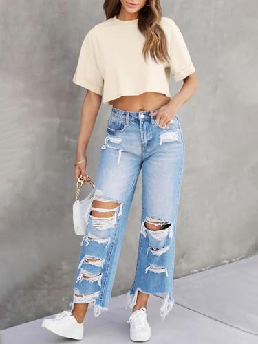 Image of Tankaneo Women Crop T-Shirts Half Sleeve Drop Shoulder Cropped Tops Y2K Casual Summer Basic Tees