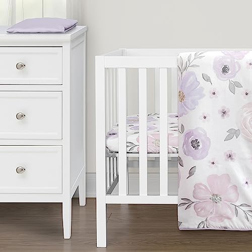 Image of Sweet Jojo Designs Lavender Purple Boho Floral Girl Baby Mini Crib Bedding Set Infant Nursery Room Newborn Blanket Portable Pack n Play Sheets 3pc Pink Grey Bohemian Farmhouse Shabby Chic Watercolor