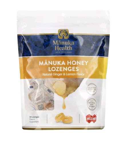Manuka Health Manuka Honey Cough Drops – 58 Natural Lemon & Ginger Flavored Throat Lozenges...