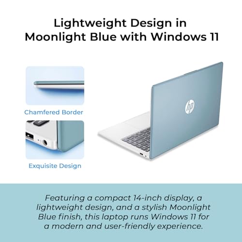 Image of HP 14 inch Moonlight Blue Laptop with Office 365, AMD CPU, 4GB DDR5 On-Board RAM, 1.1TB Storage (128GB SSD and 1TB OneDrive), HD Display, Windows 11, Energy-Efficient & Quiet Performance
