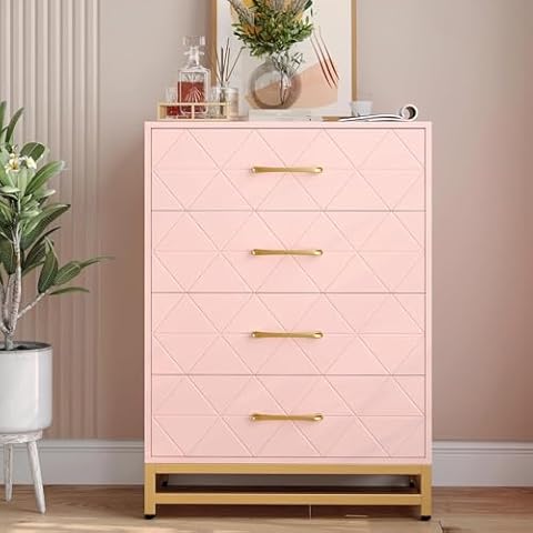 TrailBlaze 4 Drawer Dresser for Bedroom, Wooden Chest of Drawers, Modern Storage Tower with Metal Handles and Legs, Storage Organizer Unit with Anti-Tipping Device for Bedroom, Living Room, Pink Cover