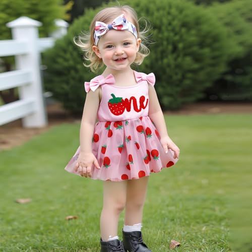 Emmababy Baby Girl Strawberry Romper Dress Smocked Tutu Bodysuit Fruit Overalls Strawberry Birthday Outfit Summer Clothes2