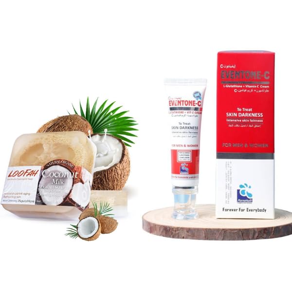 Eventone-C Skin Whitening Cream & Handmade Coconut Milk Soap – Pack of 2 | Deep Cleansing & Skin Brightening Duo | Glutathione + Vitamin C | Natural Coconut Milk for Acne & Dark Spots