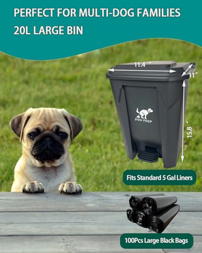 Image of Large Dog Poop Trash Can Outdoor 20L / 5.3 Gallon - Waterproof Pet Waste Station with Foot Pedal, Removable Inner Bucket & 100 Bags for Backyard Garden Odor Control