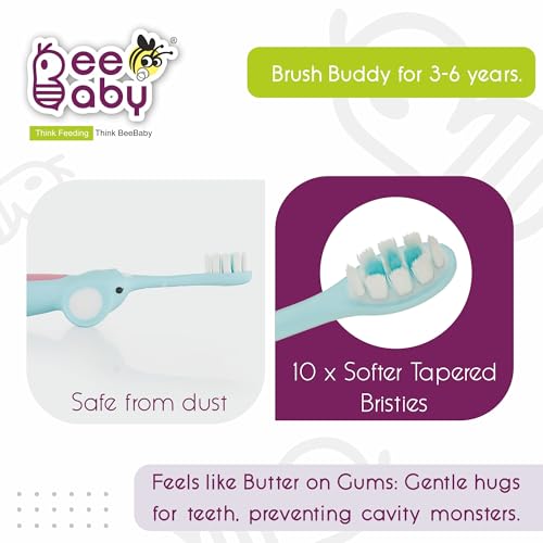 Image of BeeBaby Brush Buddy Baby Toothbrush for Kids 3-6 Years, Ultra Soft Tapered Bristles Toddler Toothbrush for Milk & Permanent Teeth, BPA Free Easy Grip Toothbrush for Sensitive Gums - Blue Elephant