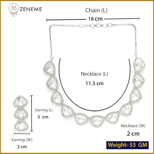 Image of ZENEME Rhodium Plated Silver Toned Triangular Shaped American Diamond Studded Jewellery Set For Women and Girl