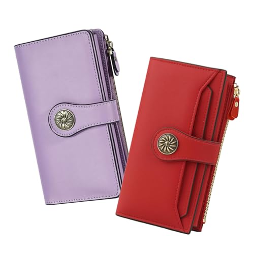 Travelambo Wallets Women RFID Large Capacity Luxury Waxed Leather Clutch Wallet Multi Card Organizer (Light Purple + Red)