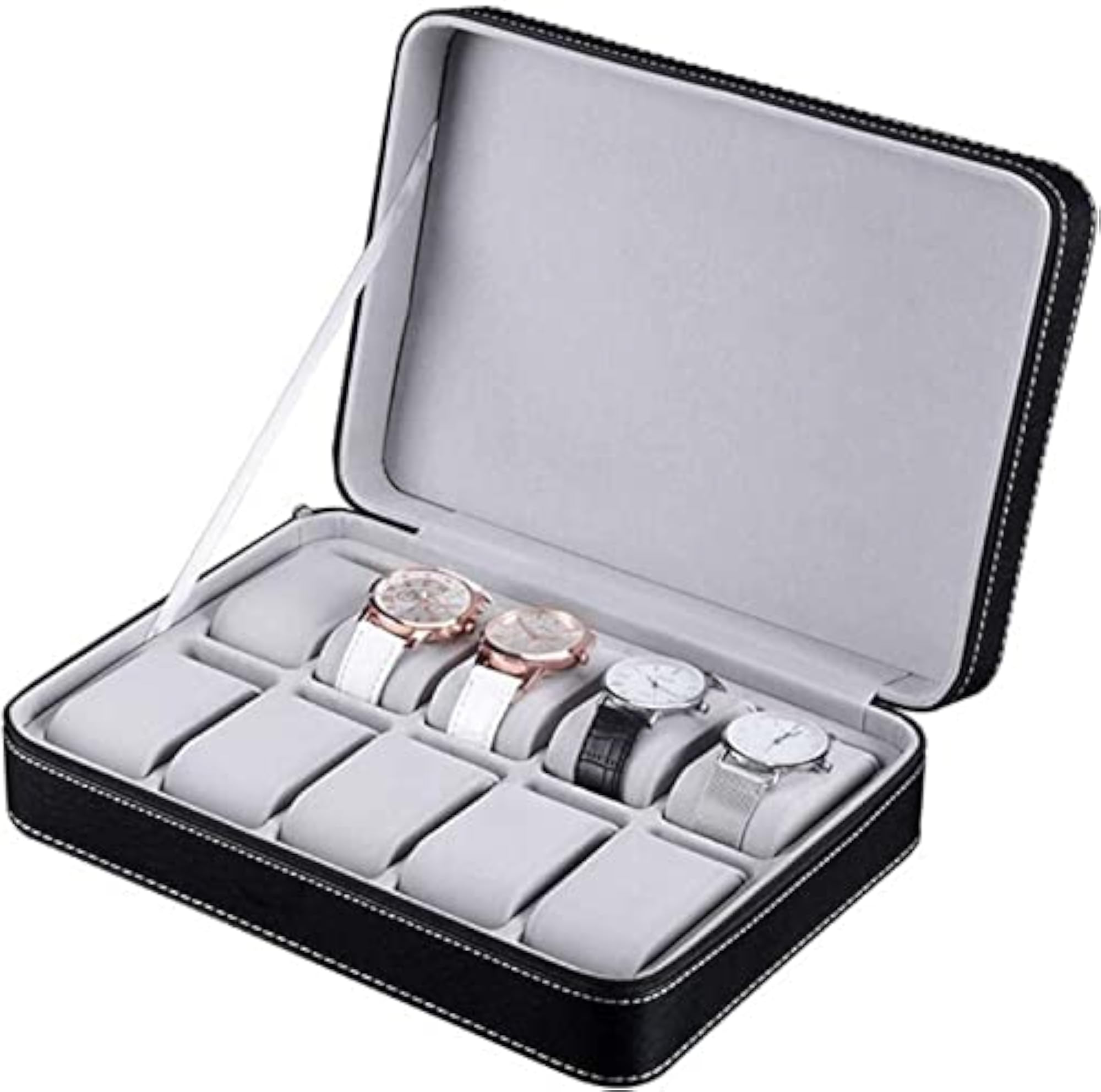 Luxury 10 Slot Black Leather Watch Box for Women