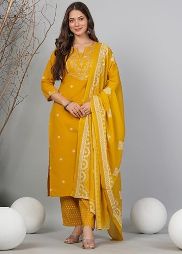 Image of Amayra Women's Pure Cotton Embroidered Straight Kurta Set with Palazzo Pants & Dupatta- Ethnic Wear