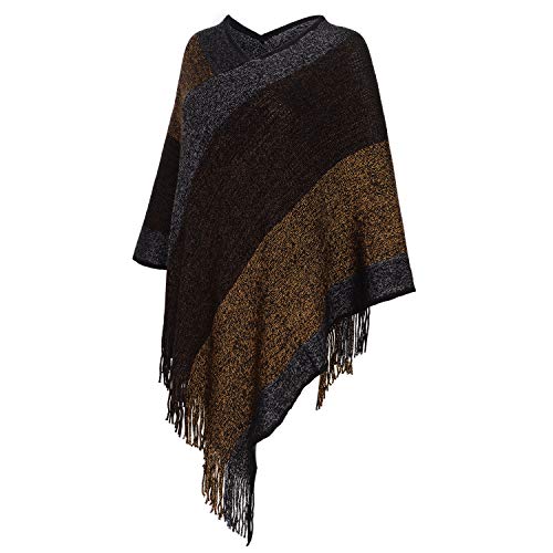 Image of Women's Elegant Knitted Shawl Poncho with Fringed V-Neck Striped Sweater Pullover Cape Gifts for Women Mom
