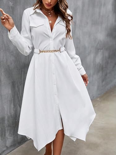 ARTANT Womens Midi Dress Asymmetrical Hem Belted Shirt Dress High Waist Work Dress3