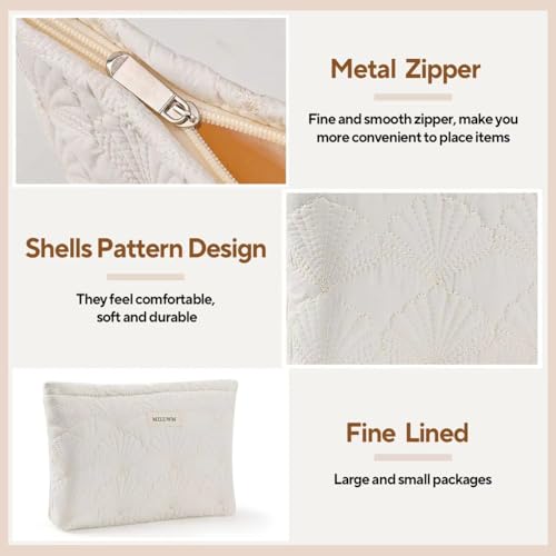 White Cotton Quilted Makeup Pouch，Cute Puffy Coquette Makeup Bag,Floral Cotton Quilted Cosmetic Bag for Women and Girls,Makeup Organizer Bag Zipper Pouch (White Shells)2