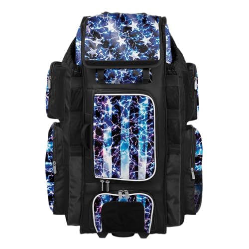 Boombah Superpack XL Rolling Bat Bag - 35.5" x 13.5" x 10" - Telescopic Handle - Holds 8 Bats - Wheeled Version - USA Banner Black/Royal Blue/White